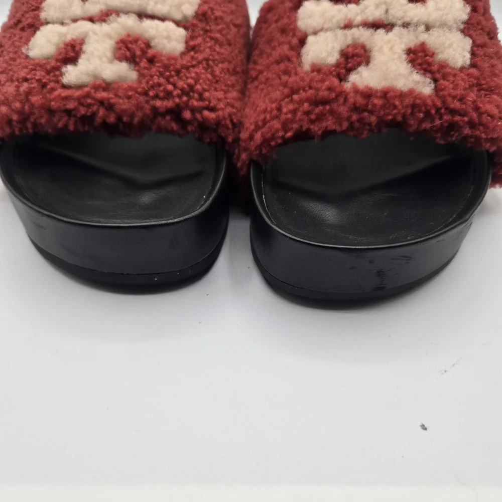 Tory Burch Double T Shearling Flatform Slide Sandals in a vibrant red and cream